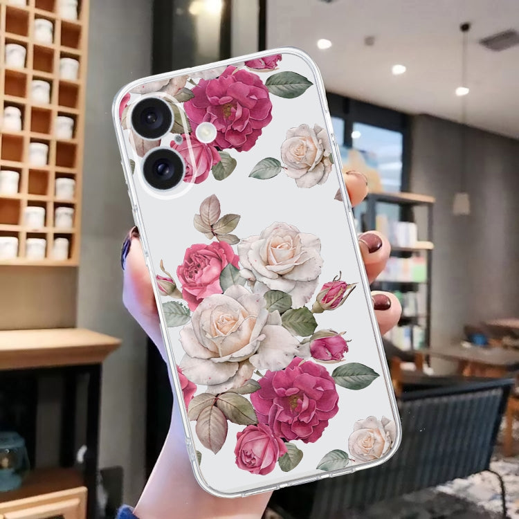 For iPhone 16 Colored Drawing Pattern Transparent TPU Phone Case(Peony)