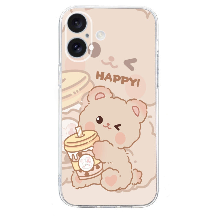 For iPhone 16 Colored Drawing Pattern Transparent TPU Phone Case(Bear)