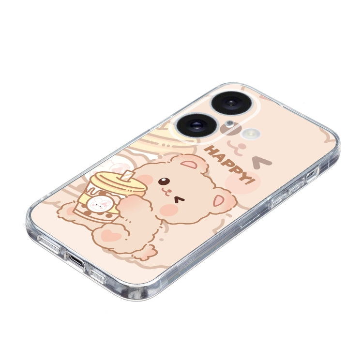 For iPhone 16 Colored Drawing Pattern Transparent TPU Phone Case(Bear)
