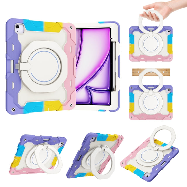 For iPad Air 13 2024 / 2025 Armor Portable Rotating Ring Holder Silicone Tablet Case with Pen Slot(Colorful Pink)
