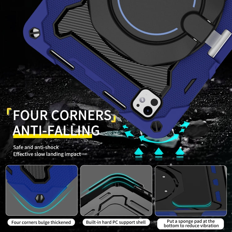 For iPad Pro 11 2024 Armor Portable Rotating Ring Holder Silicone Tablet Case with Pen Slot(Navy Blue)
