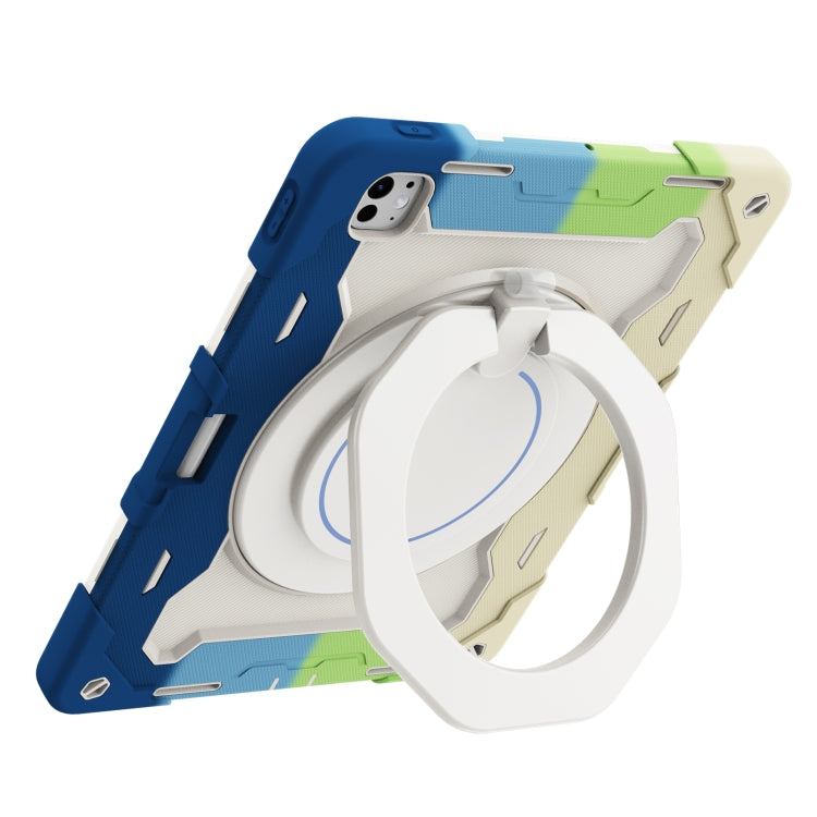 For iPad Pro 13 2024 Armor Portable Rotating Ring Holder Silicone Tablet Case with Pen Slot(Colorful Blue)
