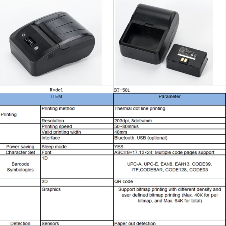BT-581 58mm USB-C/Type-C + Bluetooth Portable Thermal Printer(US Plug)