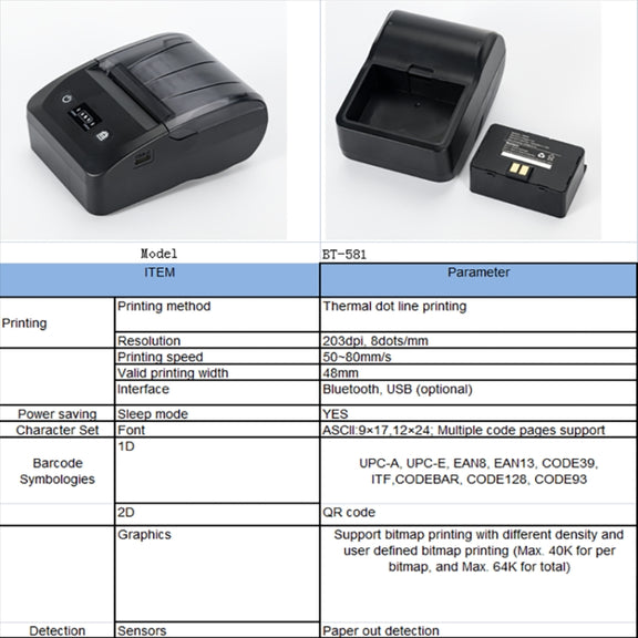BT-581 58mm USB-C/Type-C + Bluetooth Portable Thermal Printer(US Plug)