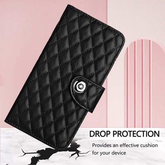 For Ulefone Note 14 Rhombic Texture Flip Leather Phone Case with Lanyard(Black)