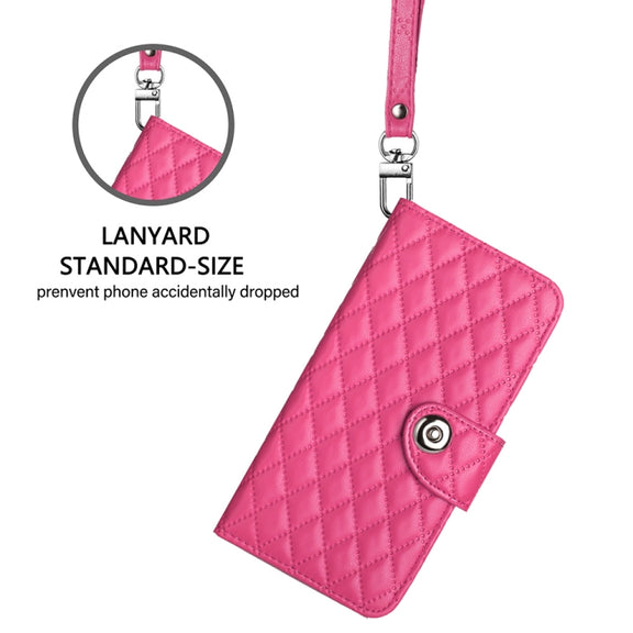 For Ulefone Note 14 Rhombic Texture Flip Leather Phone Case with Lanyard(Rose Red)