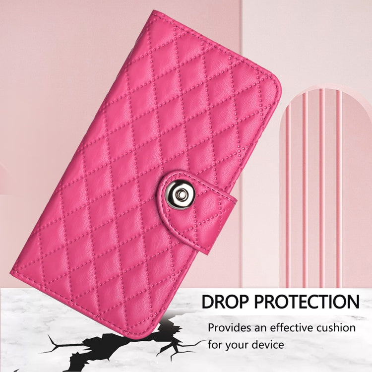 For Ulefone Note 14 Rhombic Texture Flip Leather Phone Case with Lanyard(Rose Red)