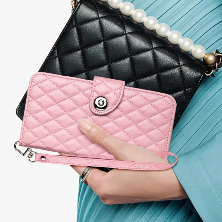 For Ulefone Note 14 Rhombic Texture Flip Leather Phone Case with Lanyard(Pink)