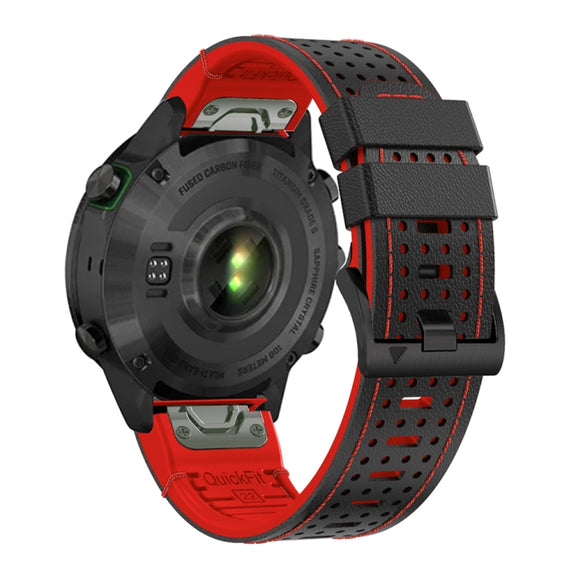 For Garmin Fenix 7X 26mm Dot Hole Silicone Leather Quick Release Watch Band(Black Red)