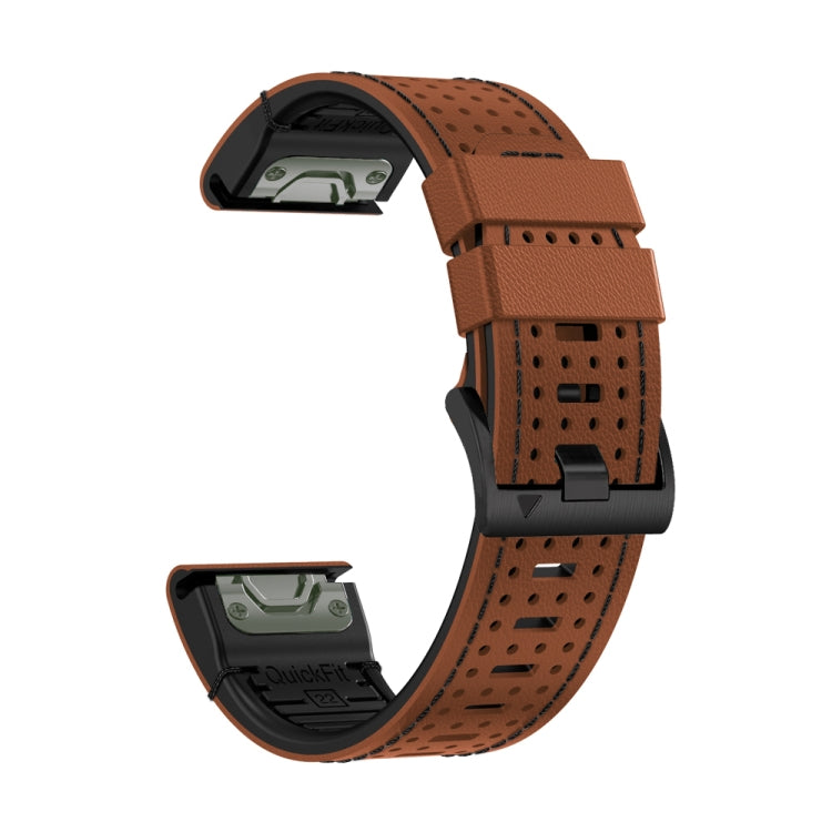 For Garmin Fenix 7X 26mm Dot Hole Silicone Leather Quick Release Watch Band(Brown Black)