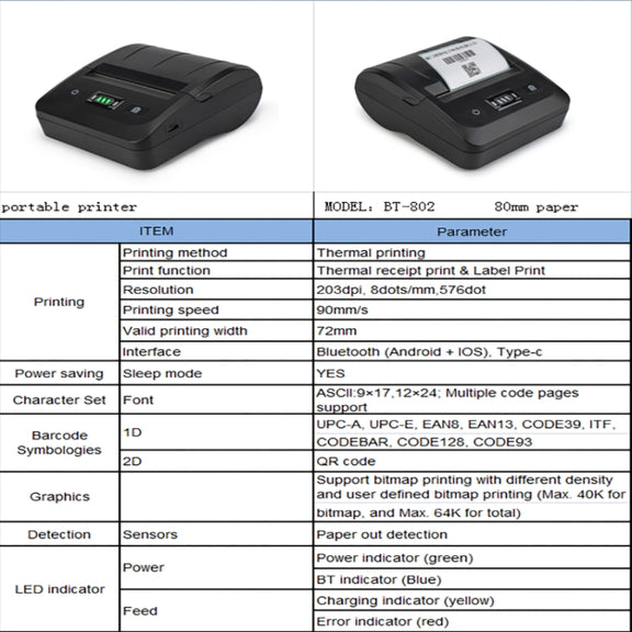 BT-802 80mm USB-C/Type-C + Bluetooth Portable Thermal Printer(EU Plug)