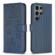 For Samsung Galaxy S25 Ultra 5G Four-leaf Embossed Leather Phone Case(Blue)