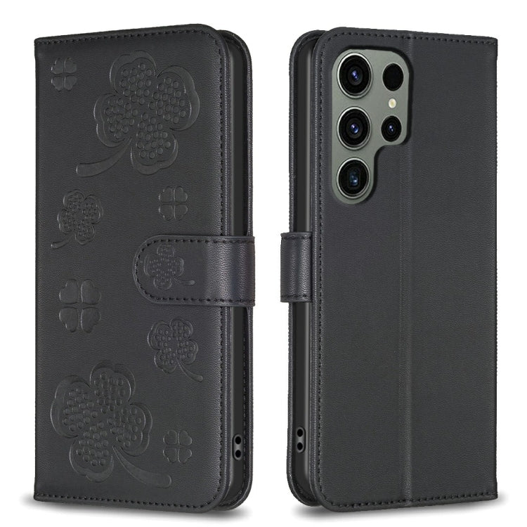 For Samsung Galaxy S25 Ultra 5G Four-leaf Embossed Leather Phone Case(Black)