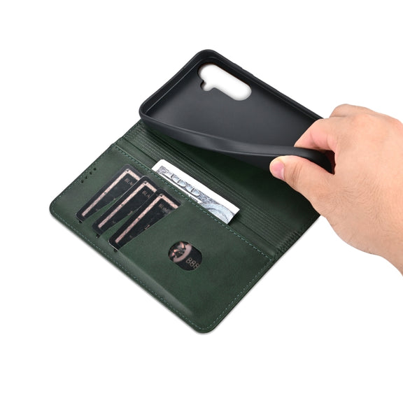 For Samsung Galaxy S24 FE 5G AZNS Magnetic Calf Texture Flip Leather Phone Case(Dark Green)