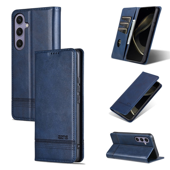 For Samsung Galaxy S25+ 5G AZNS Magnetic Calf Texture Flip Leather Phone Case(Dark Blue)
