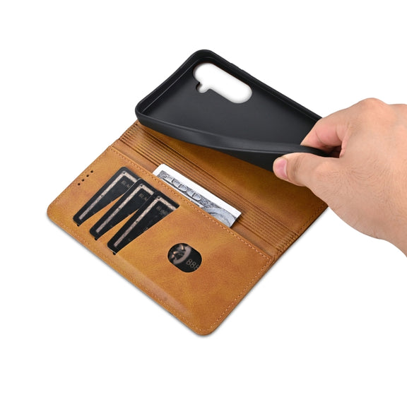 For Samsung Galaxy S25+ 5G AZNS Magnetic Calf Texture Flip Leather Phone Case(Light Brown)