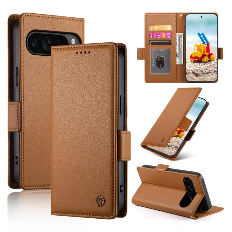 For Google Pixel 9 Pro Side Buckle Magnetic Frosted Leather Phone Case(Brown)