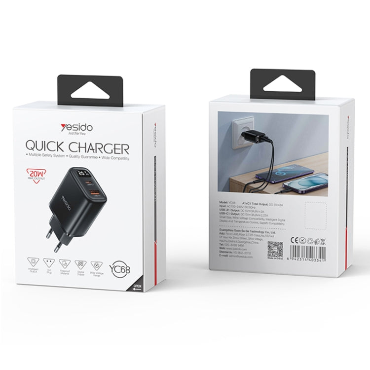Yesido YC68 20W USB-C / Type-C + USB Digital Display Charger, Specification:EU Plug(Black)