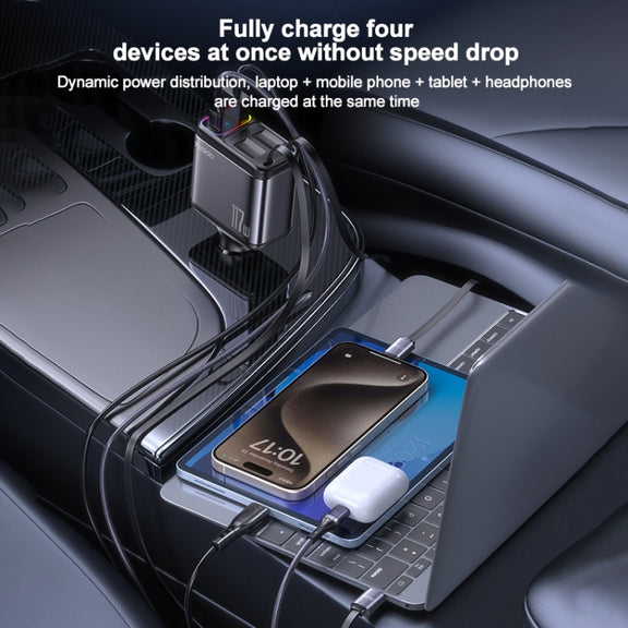 Yesido Y63 4 in 1 117W USB-C / Type-C+USB Multifunctional Retractable Dual Line Digital Display Car Fast Charger(Black)