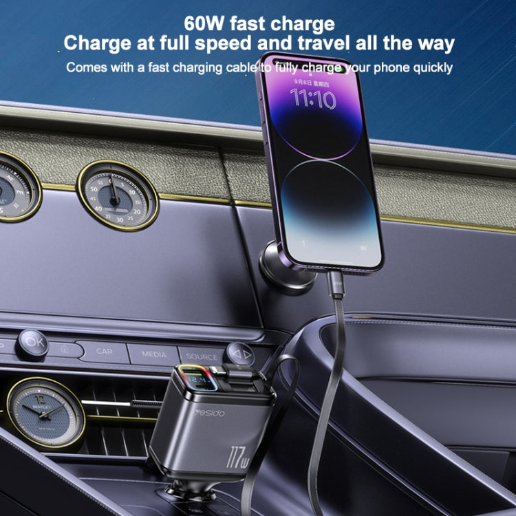 Yesido Y63 4 in 1 117W USB-C / Type-C+USB Multifunctional Retractable Dual Line Digital Display Car Fast Charger(Black)