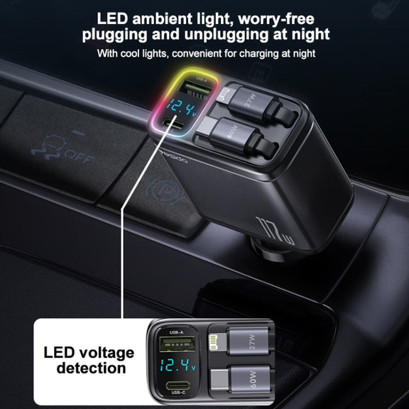 Yesido Y63 4 in 1 117W USB-C / Type-C+USB Multifunctional Retractable Dual Line Digital Display Car Fast Charger(Black)