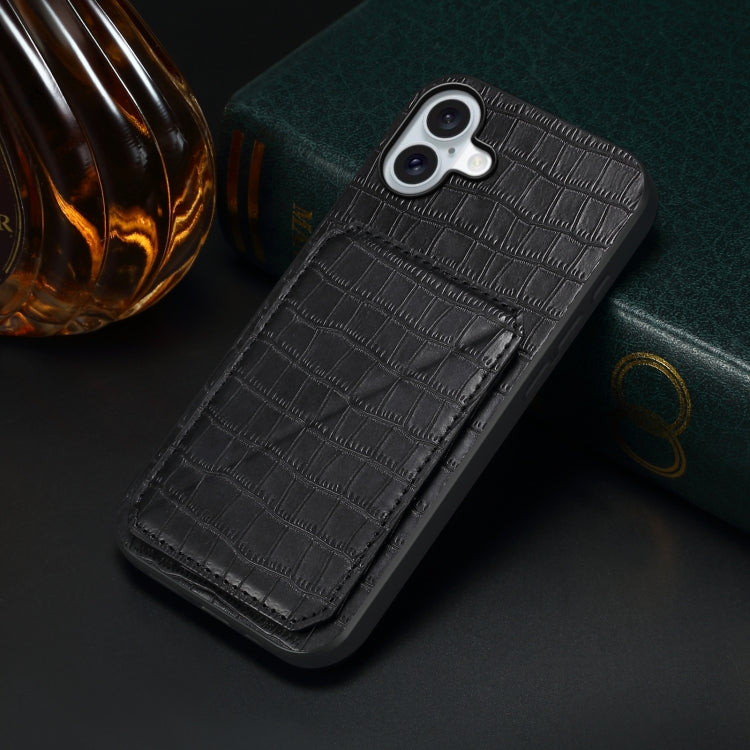 For iPhone 16 Imitation Crocodile Leather Back Phone Case with Holder(Black)
