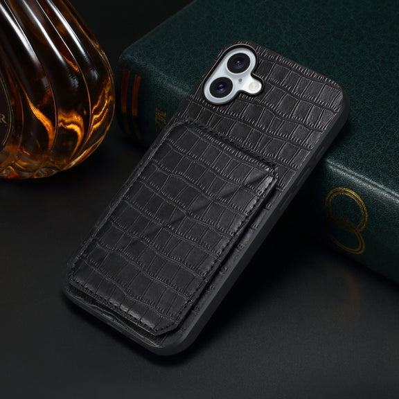 For iPhone 16 Imitation Crocodile Leather Back Phone Case with Holder(Black)
