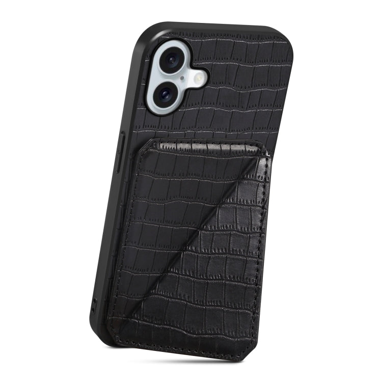 For iPhone 16 Imitation Crocodile Leather Back Phone Case with Holder(Black)