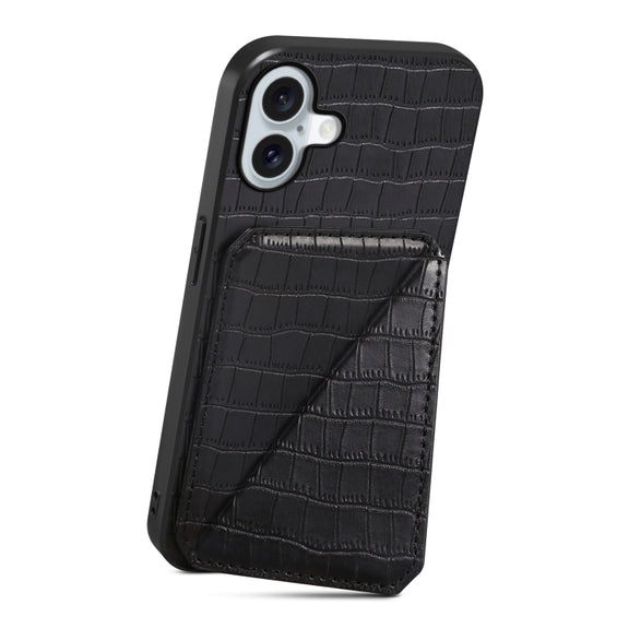 For iPhone 16 Imitation Crocodile Leather Back Phone Case with Holder(Black)
