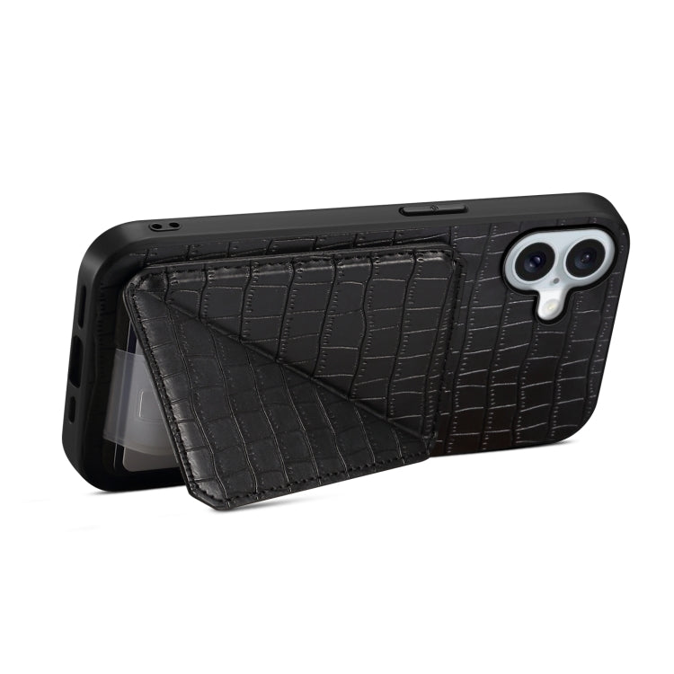For iPhone 16 Imitation Crocodile Leather Back Phone Case with Holder(Black)