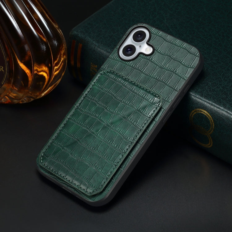 For iPhone 16 Imitation Crocodile Leather Back Phone Case with Holder(Green)