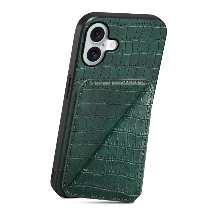 For iPhone 16 Imitation Crocodile Leather Back Phone Case with Holder(Green)