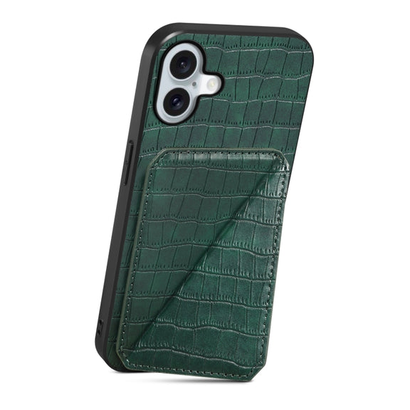 For iPhone 16 Imitation Crocodile Leather Back Phone Case with Holder(Green)