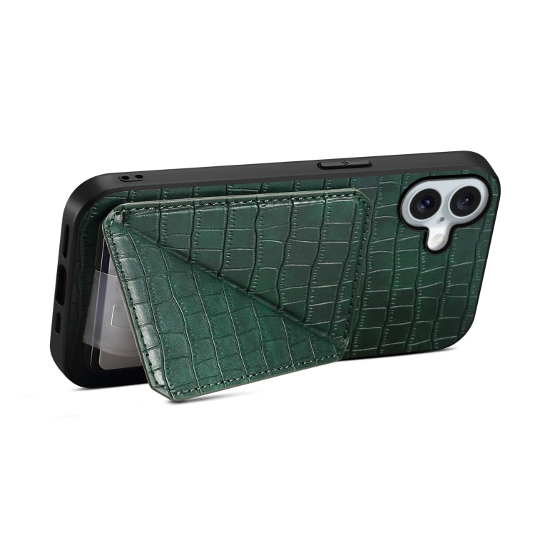 For iPhone 16 Imitation Crocodile Leather Back Phone Case with Holder(Green)
