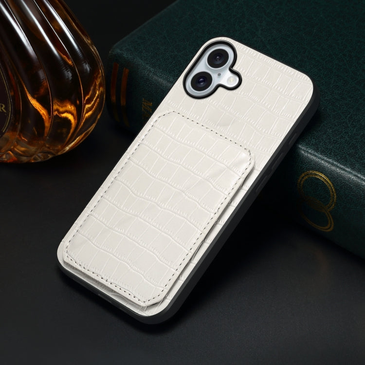 For iPhone 16 Imitation Crocodile Leather Back Phone Case with Holder(White)
