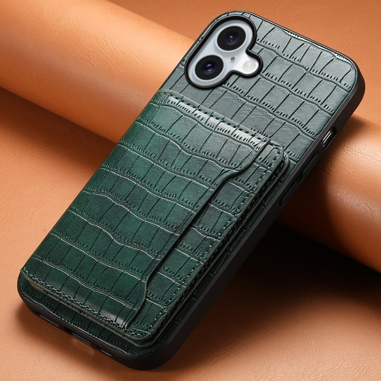 For iPhone 16 Plus Crocodile Texture Card Bag Design Full Coverage Phone Case(Green)