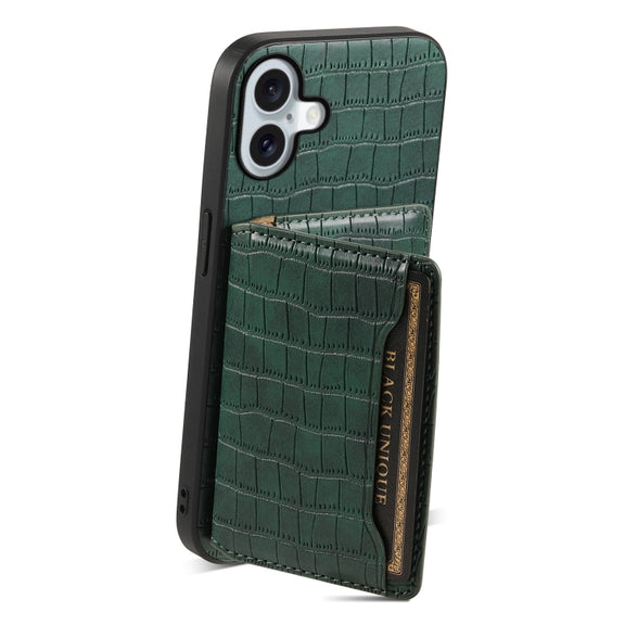 For iPhone 16 Plus Crocodile Texture Card Bag Design Full Coverage Phone Case(Green)
