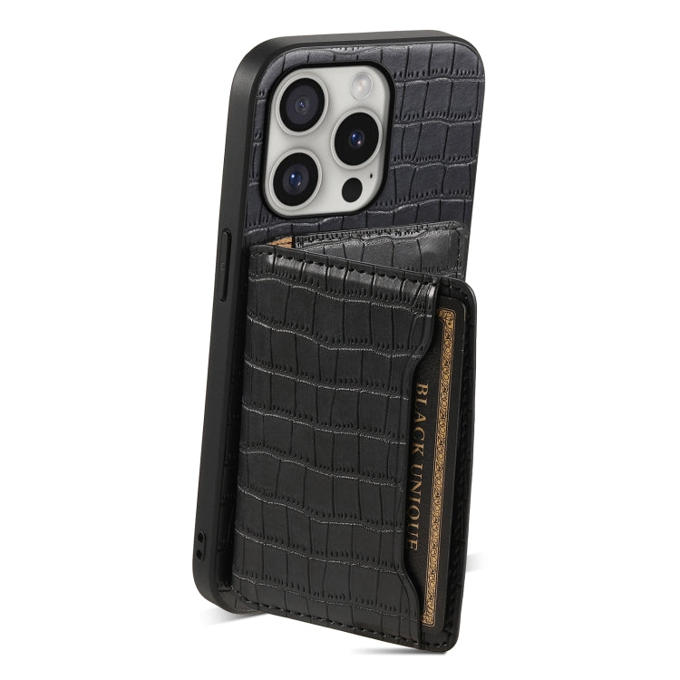 For iPhone 16 Pro Crocodile Texture Card Bag Design Full Coverage Phone Case(Black)
