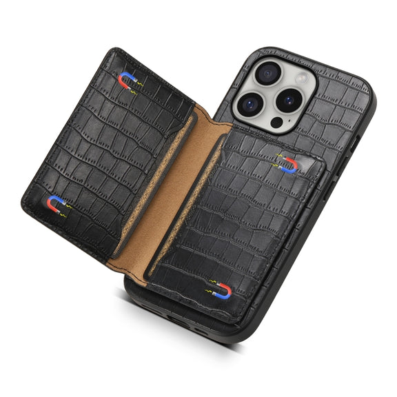 For iPhone 16 Pro Crocodile Texture Card Bag Design Full Coverage Phone Case(Black)