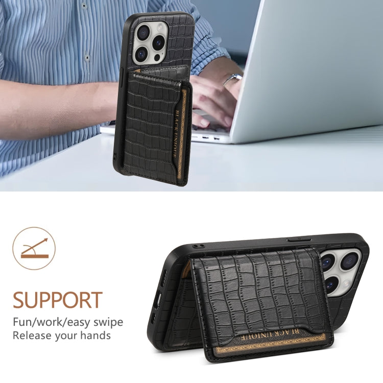 For iPhone 16 Pro Crocodile Texture Card Bag Design Full Coverage Phone Case(Black)