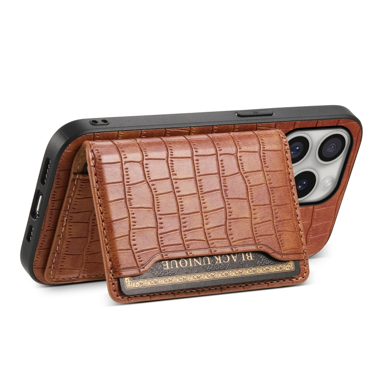 For iPhone 16 Pro Max Crocodile Texture Card Bag Design Full Coverage Phone Case(Brown)