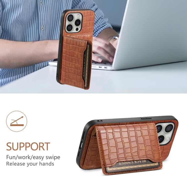 For iPhone 16 Pro Max Crocodile Texture Card Bag Design Full Coverage Phone Case(Brown)