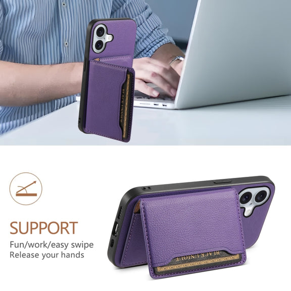 For iPhone 16 Calf Texture Card Bag Design Full Coverage Phone Case(Purple)
