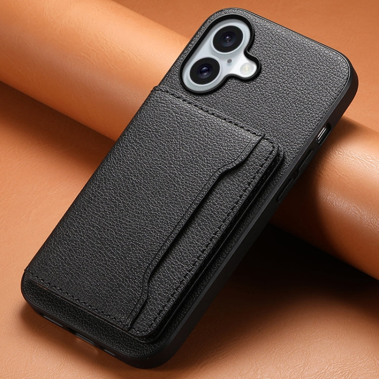 For iPhone 16 Plus Calf Texture Card Bag Design Full Coverage Phone Case(Black)