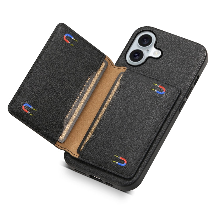 For iPhone 16 Plus Calf Texture Card Bag Design Full Coverage Phone Case(Black)