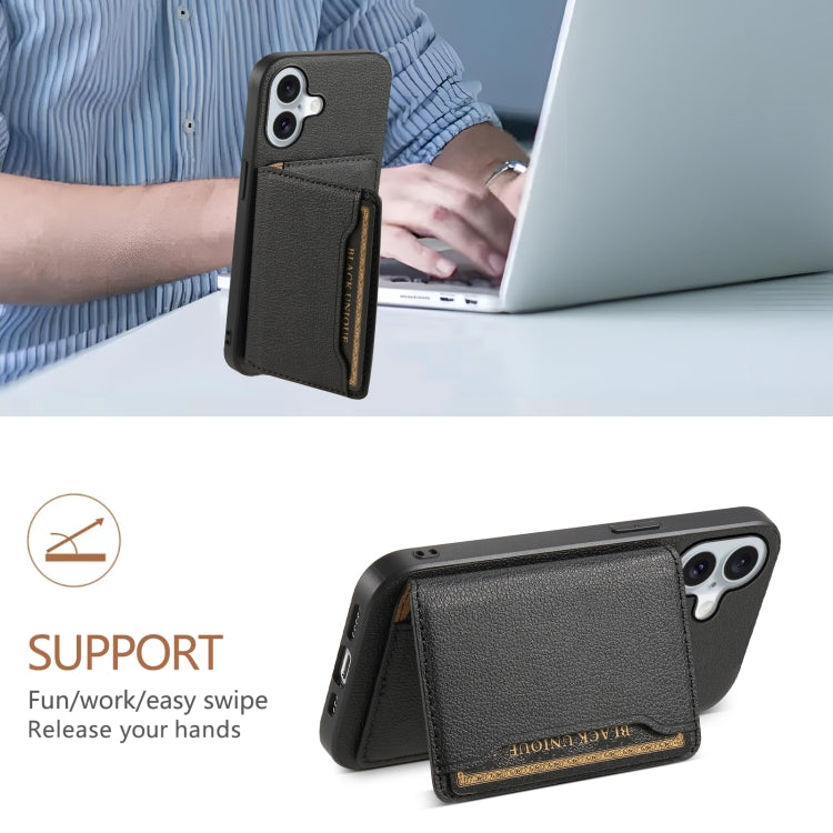 For iPhone 16 Plus Calf Texture Card Bag Design Full Coverage Phone Case(Black)