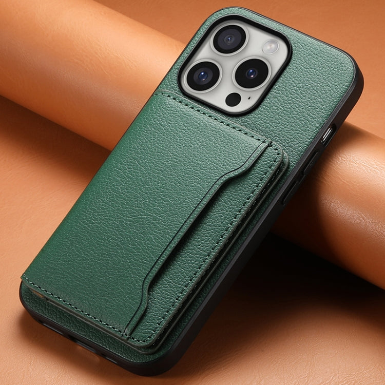 For iPhone 16 Pro Calf Texture Card Bag Design Full Coverage Phone Case(Green)
