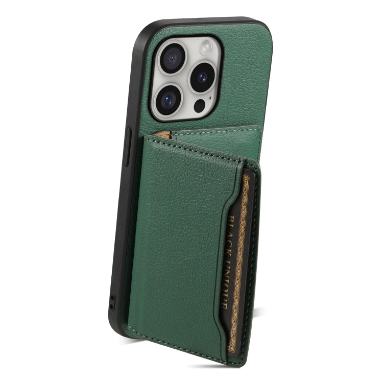 For iPhone 16 Pro Calf Texture Card Bag Design Full Coverage Phone Case(Green)