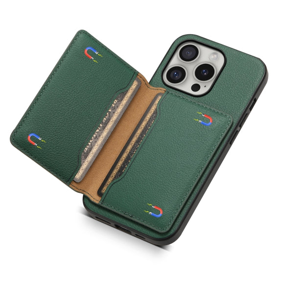 For iPhone 16 Pro Calf Texture Card Bag Design Full Coverage Phone Case(Green)