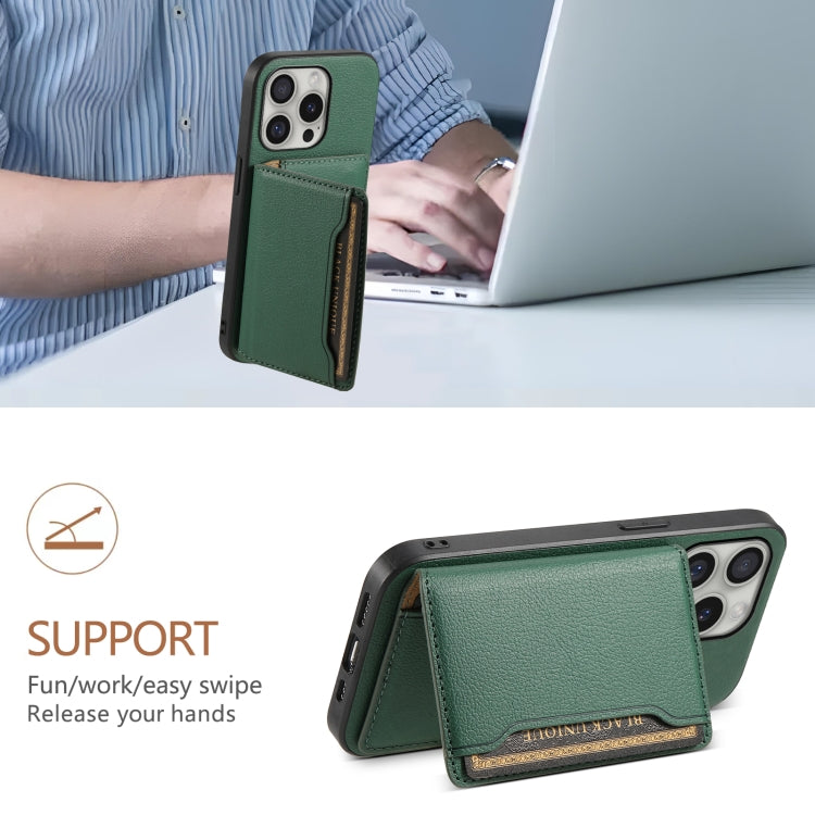 For iPhone 16 Pro Calf Texture Card Bag Design Full Coverage Phone Case(Green)